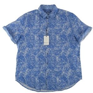 Robert Graham Floral Linen Blend Short Sleeve Button‎ Up Shirt Mens XL Blue $198